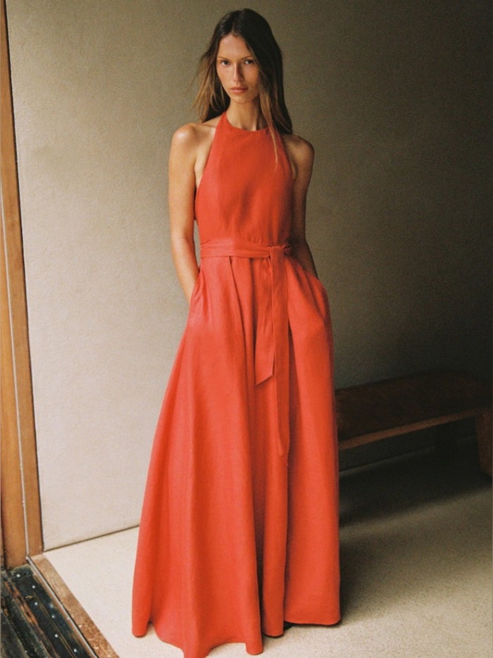 Reiss Coral Orange Terracotta Paules 100% Linen Open-Back Maxi Dress NWOT - Picture 2 of 9